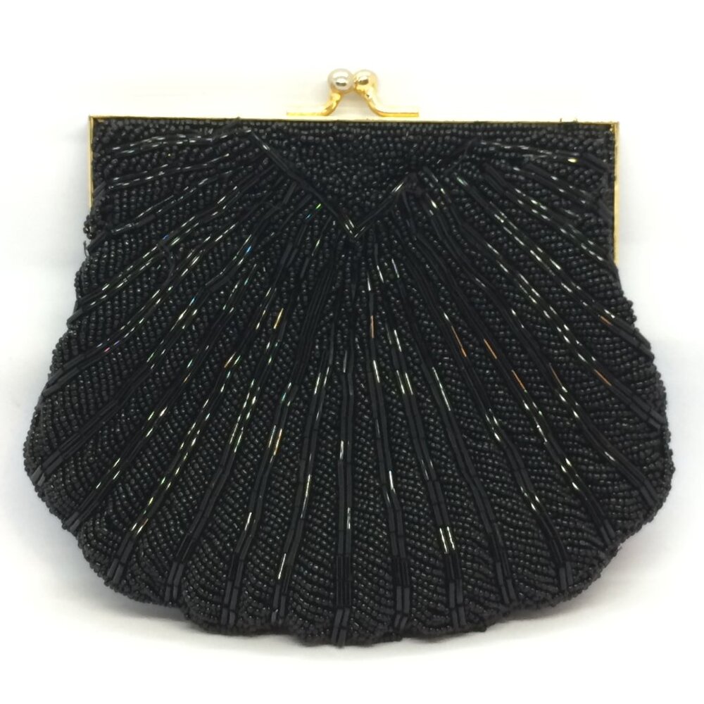 VINTAGE ANDRE CELLINI Black Beaed Evening Bag Clutch Kiss Lock Gold Chain